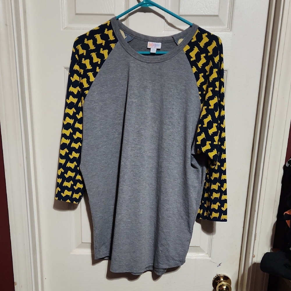 LulaRoe Gray and Yellow Raglan Shirt RANDY